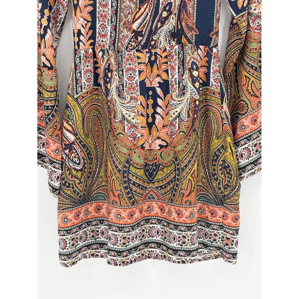 Sage the Label Paisley Open Back Bell sleeves Mini Dress Small Boho Retro Navy - Picture 3 of 8